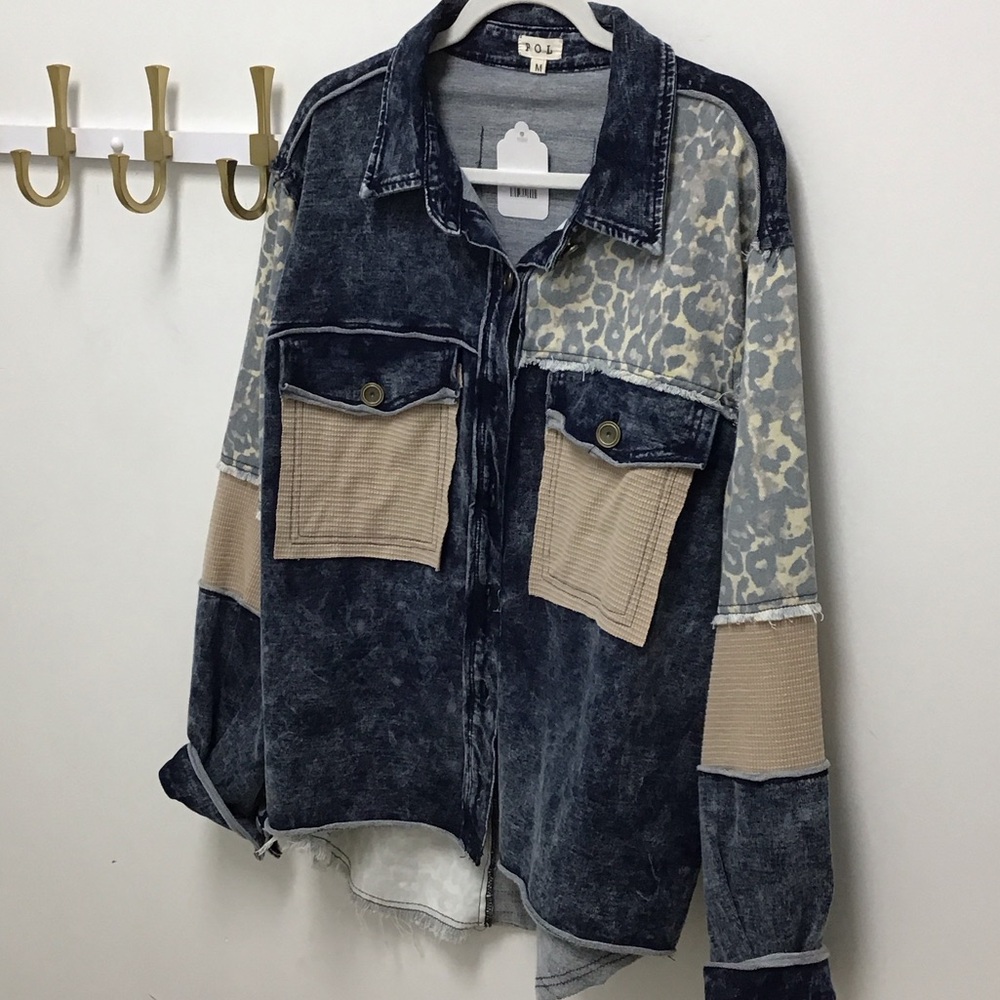 Pol leopard Washed Black Mixed-Media Utility Jacket